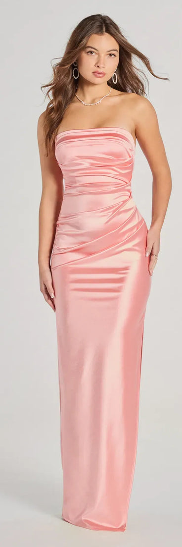 Brianna Satin Strapless High Slit Column Dress (DEV)