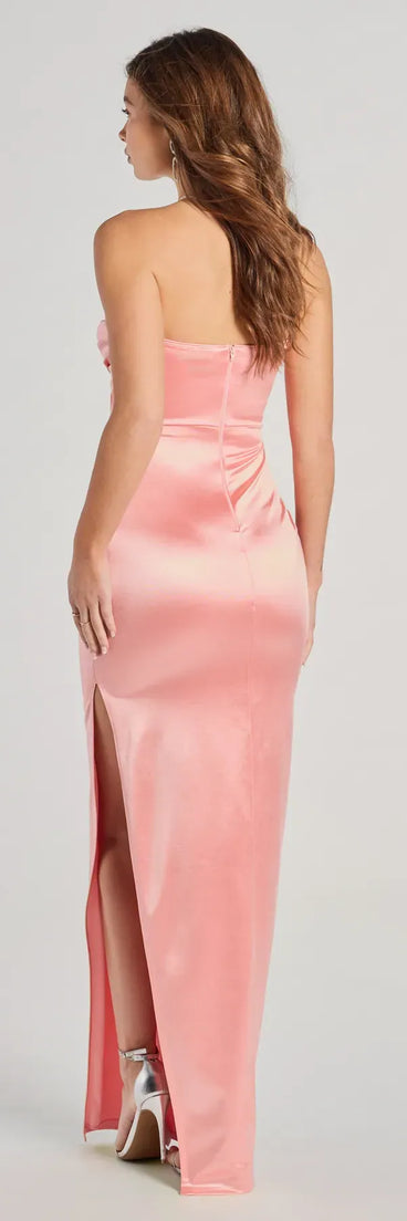 Brianna Satin Strapless High Slit Column Dress (DEV)