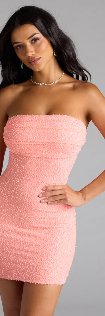 Lena Strapless Bodycon Beaded Mesh Mini Dress (DEV)