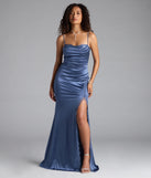Catiana Cowl Neck Lace Slit Satin Formal Dress