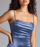 Catiana Cowl Neck Lace Slit Satin Formal Dress