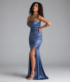 Catiana Cowl Neck Lace Slit Satin Formal Dress